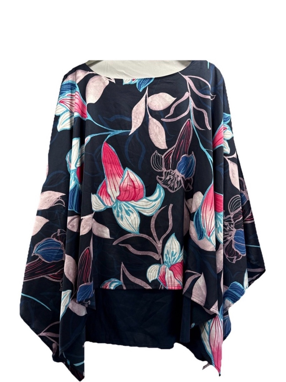 Chicos Flowy Navy Floral Poncho Top in Pink & Teal